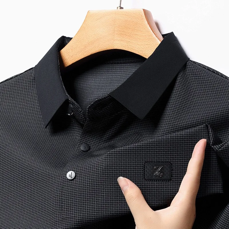Spring and Autumn Men's Polo Collar Pullover Button Solid Plaid Stripe Long Sleeve T-shirt Fashion Casual Holiday Underlay Tops