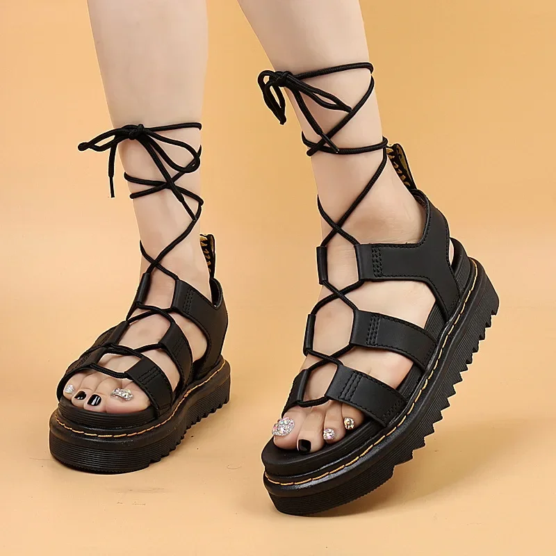 

Black Cross-Tied Roman Sandalias De Mujer Verano Thick Flat Sole Heighten Sandaly Damskie Ankle Strap Peep Toe Huaraches Beach