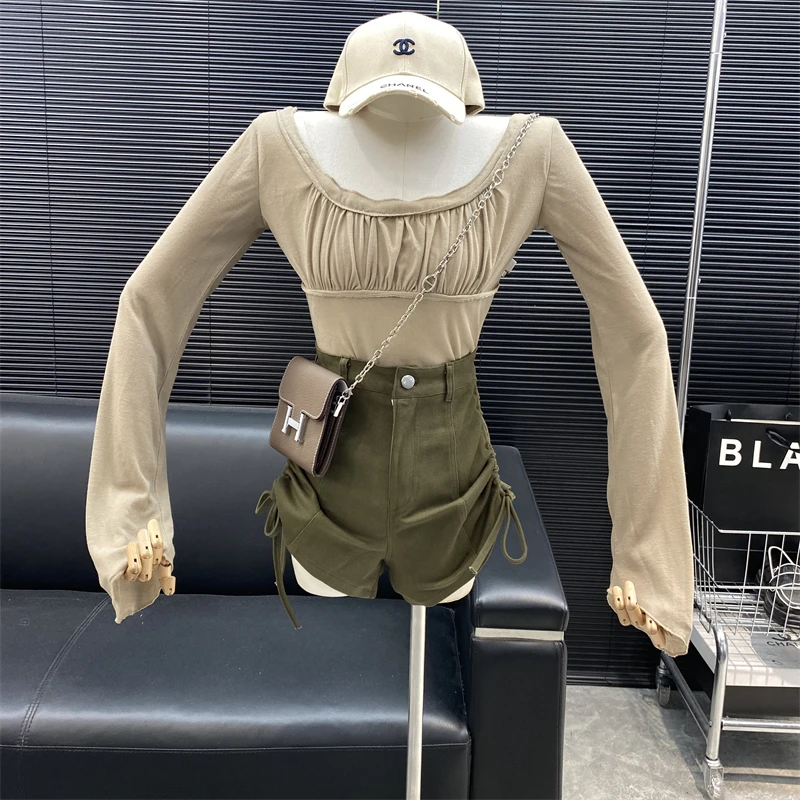 

New fashion Designer Famous brand fold U-neck thin Flare long sleeve T-shirt Drawstring High waist Wide leg shorts suits