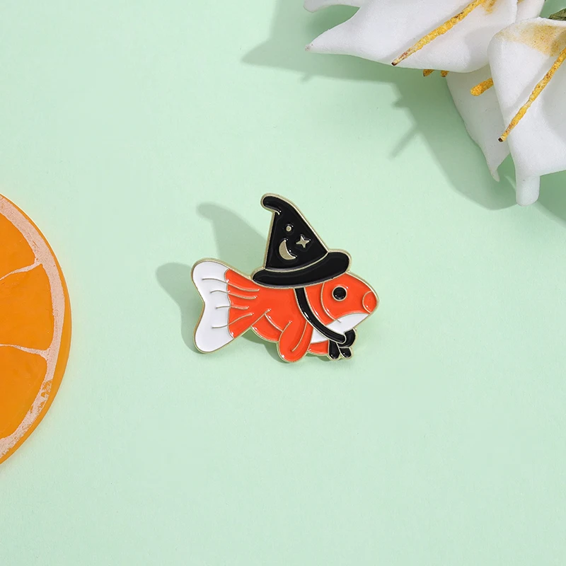 Magic Fish Enamel Pins Funny Fishes with Magical Hat Brooches Metal Decorative Lapel Badges for Backpack Clothes Accessories
