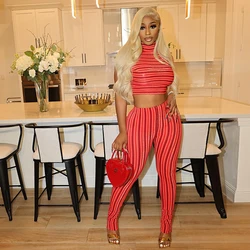 CUTENOVA Striped Printed Red Two Piece Set Women Casual Crop Tank Tops And Pencil Pants Matching 2024 Summer Fitness Tracksuits