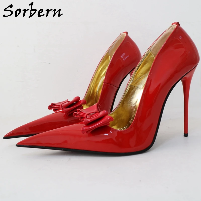 Sorbern Red Shiny Bowknot Women Pumps Long Pointed Toe Slip On Stilettos 12Cm Cigarette Heels Custom Colors Fetish Pump Footwear