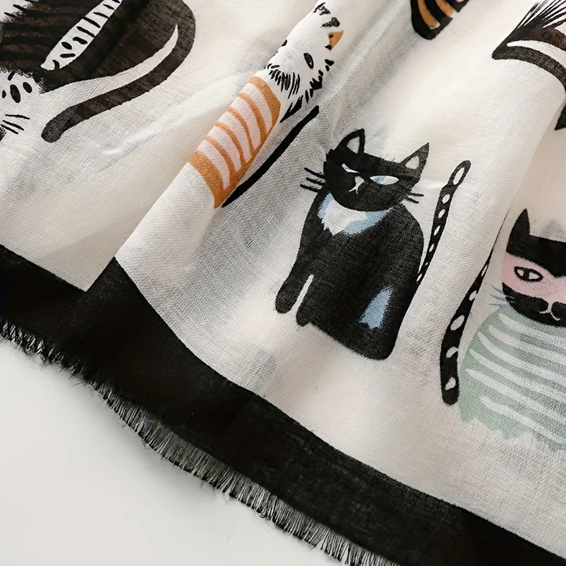 Cute Cartoon Cat Printed Scarf Thin Breathable Cotton Lined Feeling Fringe Shawl Sunscreen Beach Towel For Women Travel Vacation