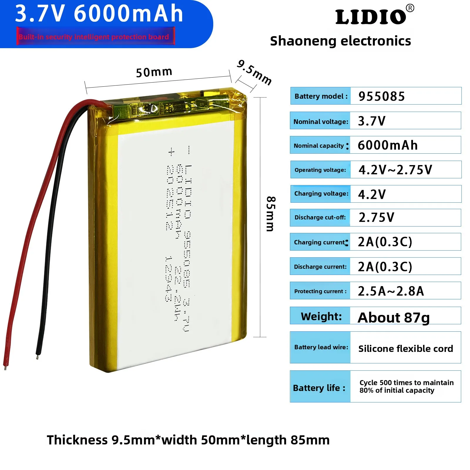 955085 6000mAh 3.7V Polymer Rechargeable Lithium Battery For Speaker GPS PS4  Bluetooth Humidifier Compatible With 906090
