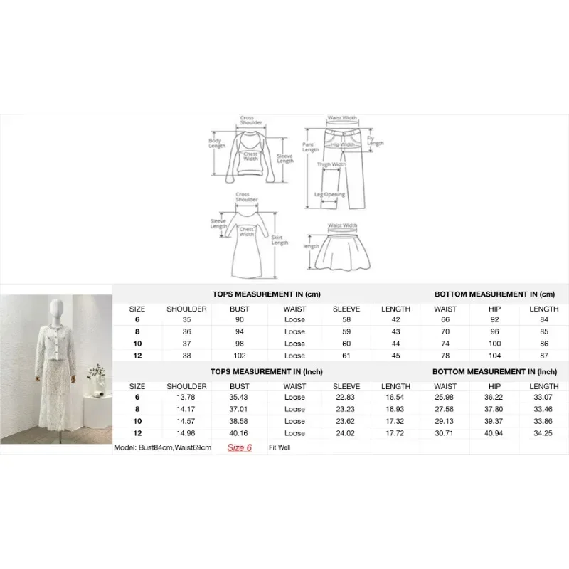 سترة علوية وتنورة امرأة 2 قطعة مجموعة الزي 2025 جديد جميل أبيض طويل الأكمام الدانتيل المرقعة الماس #3