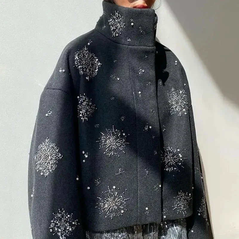 Women's Autumn Winter Jacket Fashionable Personalized Street Loose Single Breasted Stand Up Collar Sequined Wool Jacket Women's