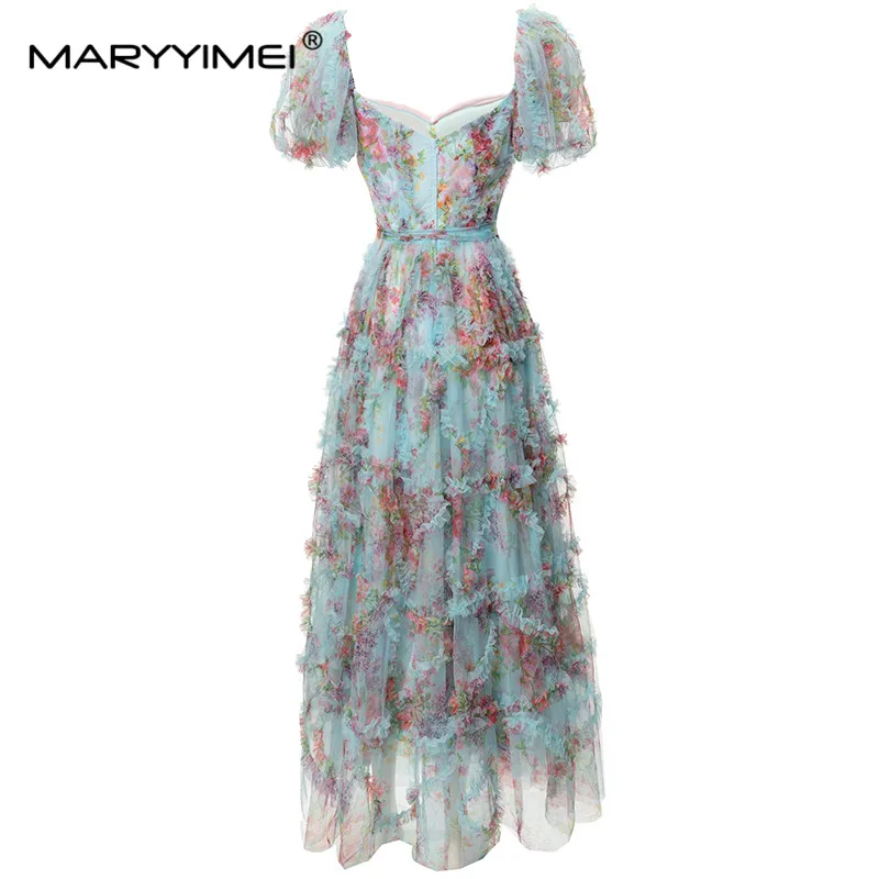 MARYYIMEI Fashion Designer spring Summer Women's Square-neck Short Sleeve Backless Mesh Ruffled Printed Lace-UP Holiday Dresses