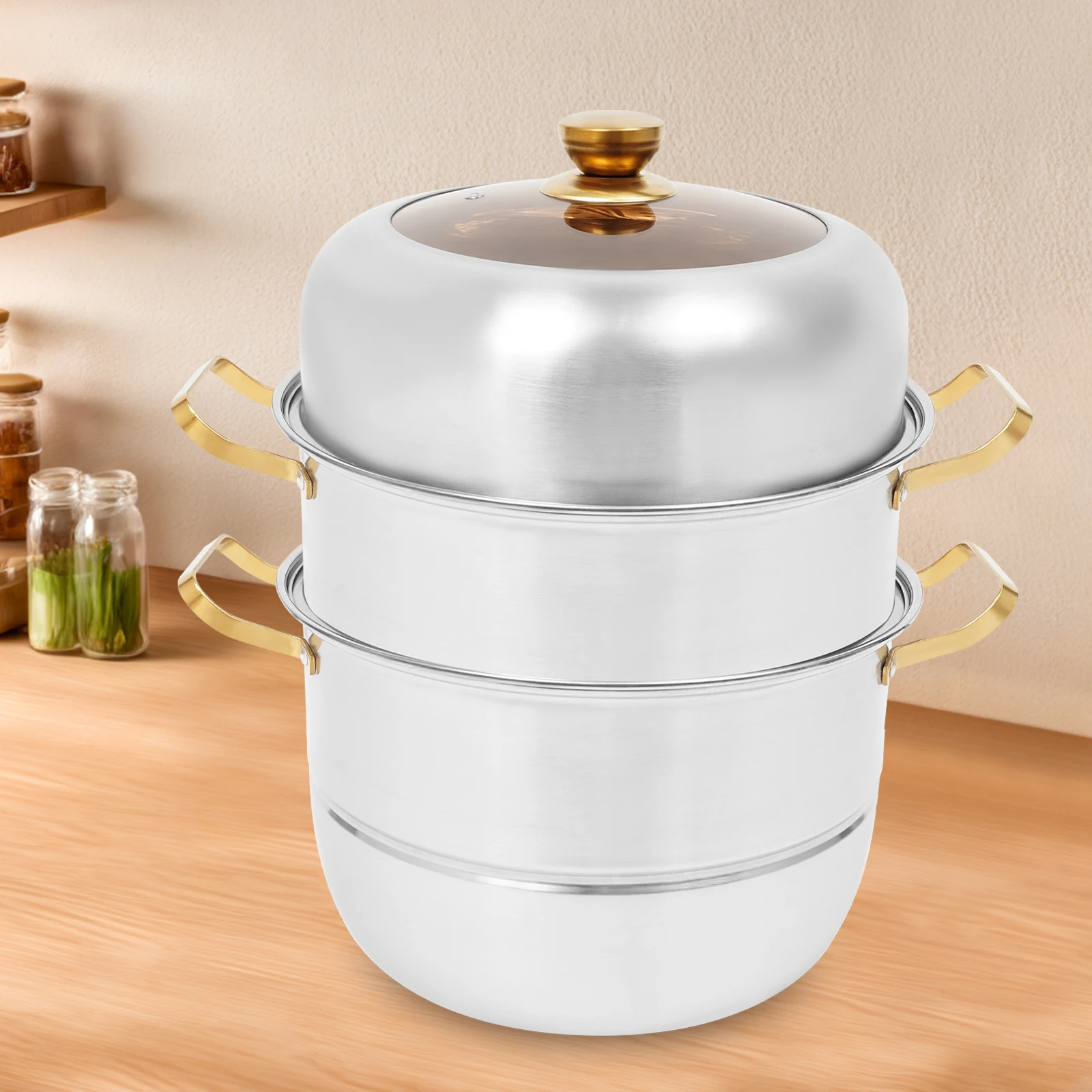 

Premium 3-Tier Golden Handle Stainless Steel Steam Cooker, Constructed from Durable 201 Stainless Steel With Tempered Glass Lid