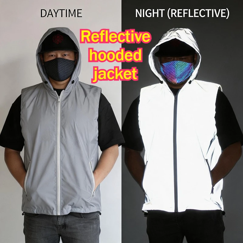 Unisex Reflective Hooded Vest Sleeveless Exercise Sweaters Loose Fit Outdoor Sport Safety Wear for Night Running Cycling Jogging