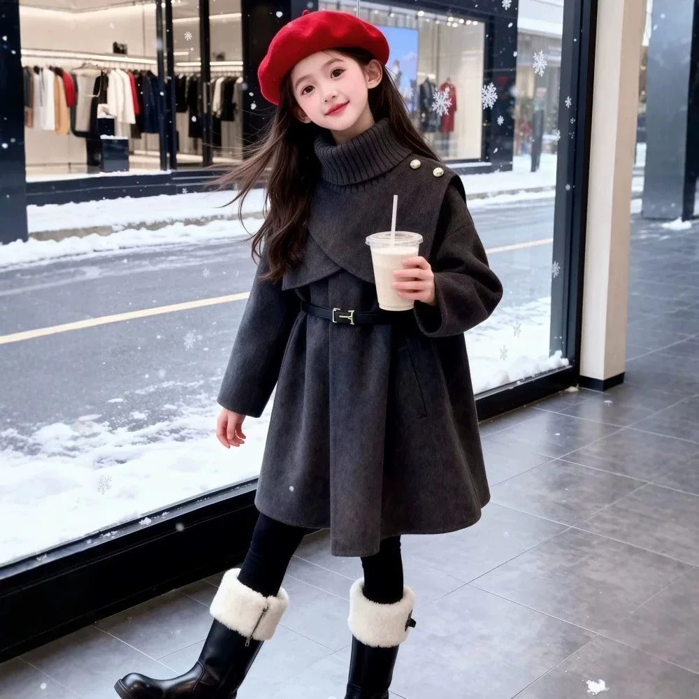 Girls Coat 2026 Spring Autumn Winter New Girls Temperament Wool Outerwear Long Sleeve Knitted Collar Coat