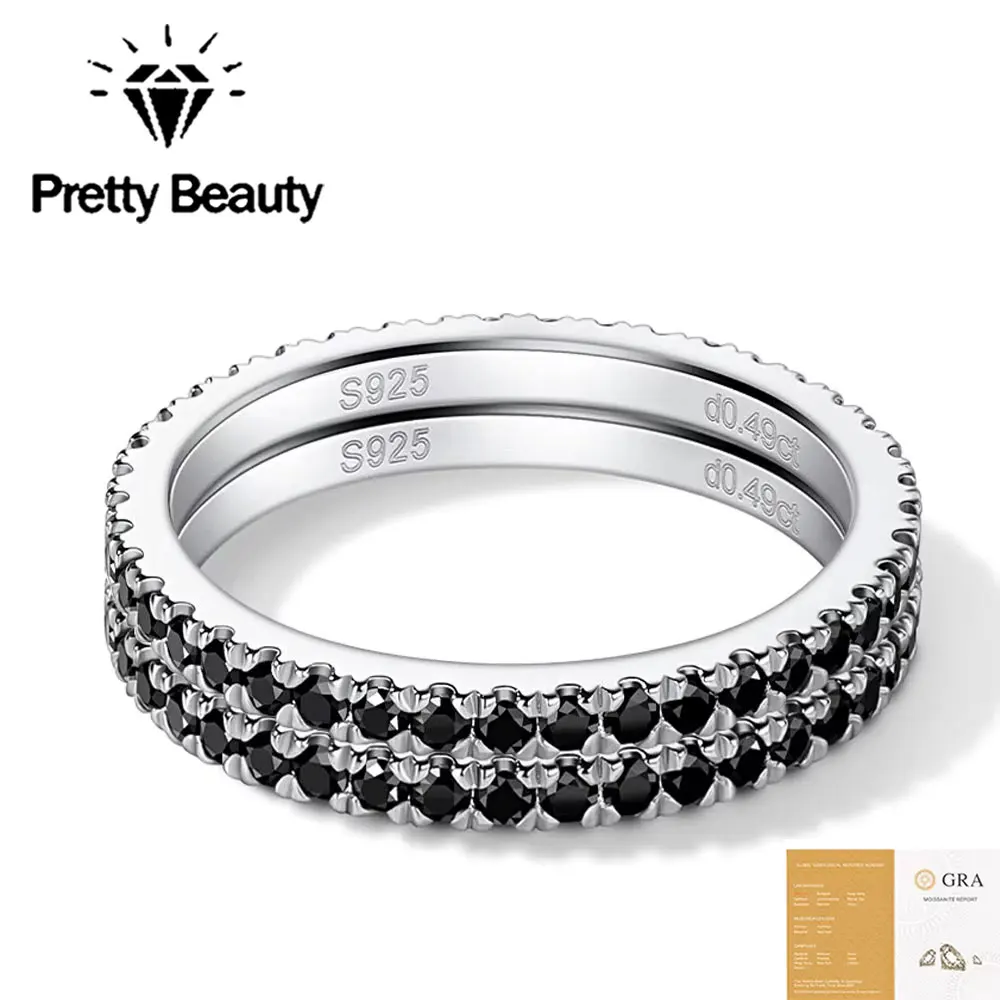 Pretty Beauty Black Moissanite Double Row Full Eternity Band 925 Sterling Silver Stackable Wedding Promise Ring for Women Men