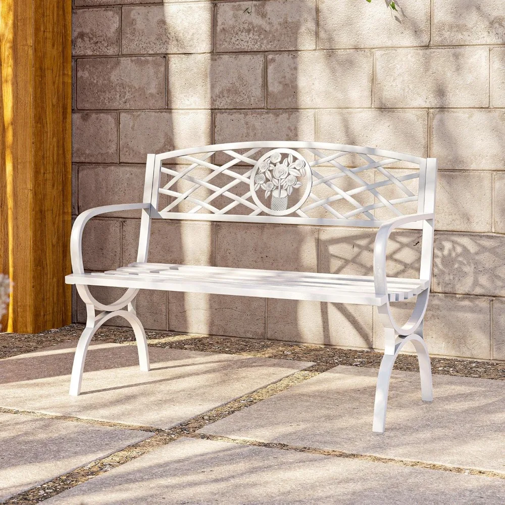 Outdoor Garden Bench, Cast Iron Metal Loveseat Chairs for Park, Antique Rose Accent Style  Seat Furniture, White Patio Benches