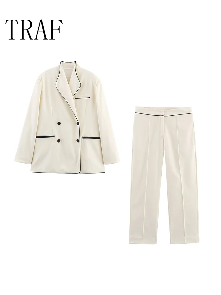 

TRAF European and American style women's summer new fashion contrast color trim suit jacket high waist trousers suit
