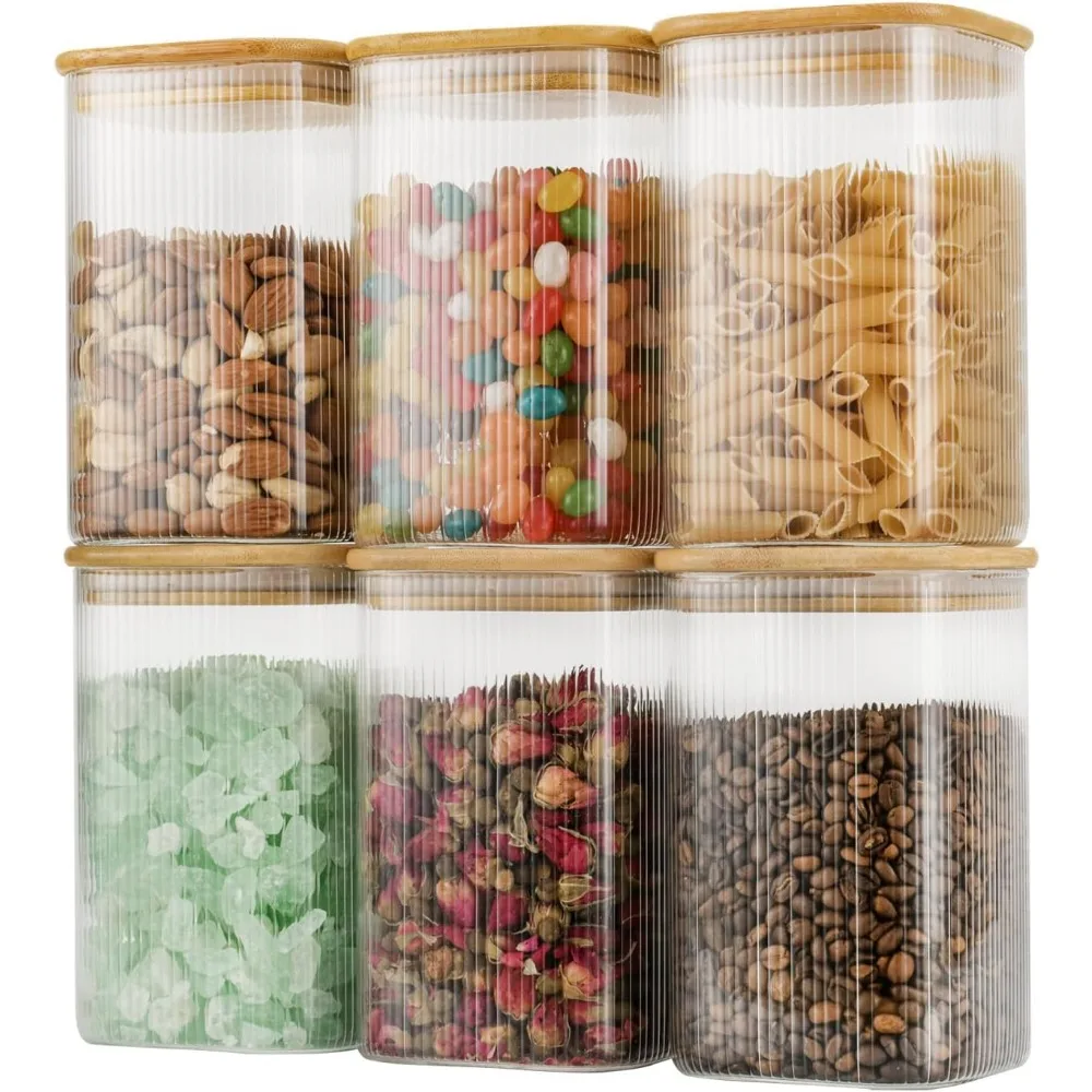 

6-Pack Airtight Glass Storage Canisters with Bamboo Lids, 37oz Square Containers for Kitchen Pantry