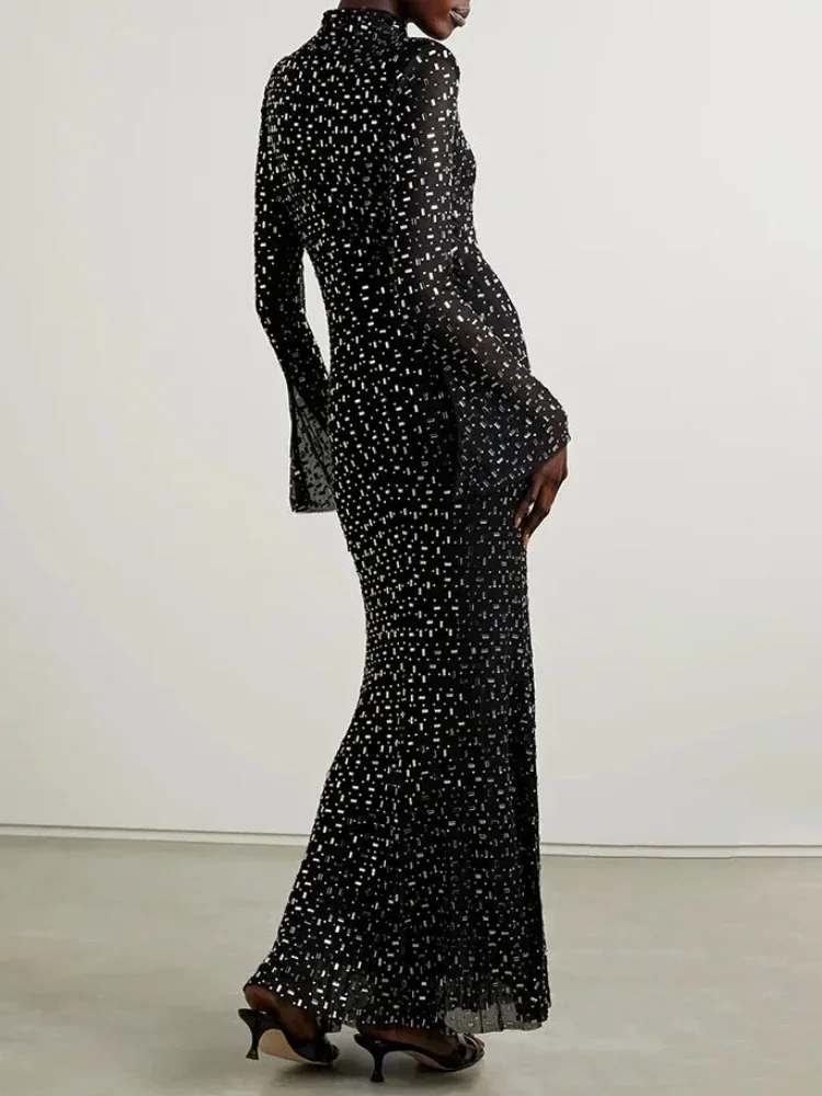 Sexy Turtleneck Long Sleeve Mesh Sequined Diamond Maxi Dress Women Black Bright Rhinestone Bodycon Celebrity Evening Party Gowns