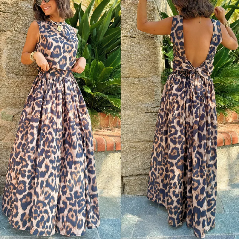 Fashion Leopard Print Women's Two Pieces Set Spring O Neck Sleeveless Vest Top & Long Skirt Outfits Summer Backless Bowknot Suit