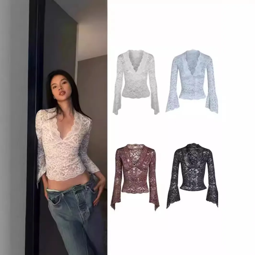 

Сексуальный прозрачный кружевной топ с вырезами, облегающий, с V-образным вырезом, для женщин, модный, дышащий, повседневный топ