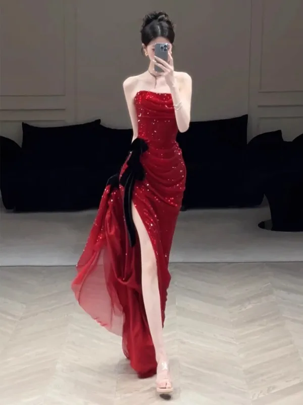 

Elegant Red Wedding Dress Sparkling Morning Robe Bridal Thank You Dinner Guest Dress Long Evening Gown for Women