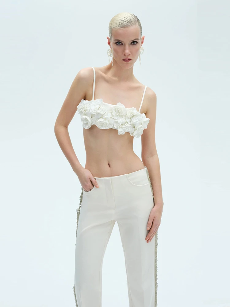 レディース ホワイトパンツ ツーピースセット セクシー ノースリーブ 3Dスパンコール 花柄クロップトップ + タッセルディテールパンツスーツ イブニングパーティー カクテル
