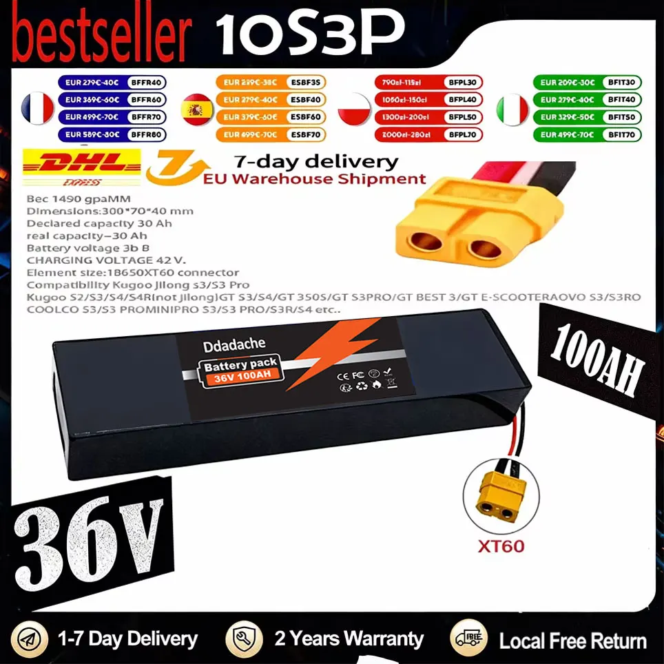Batterie au lithium rechargeable 36V 100Ah, pack de batteries 18650 10S3P 1000W, batterie de scooter électrique 36V modifiée avec BMS, XT60 JST