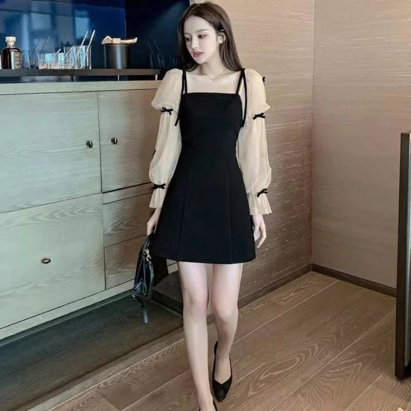 여성 긴 소매 드레스 메쉬 파티 원피스 느슨한 한국 스타일 의상 우아한 럭셔리 예쁜 뜨거운 여성 드레스 저녁 댄스 파티