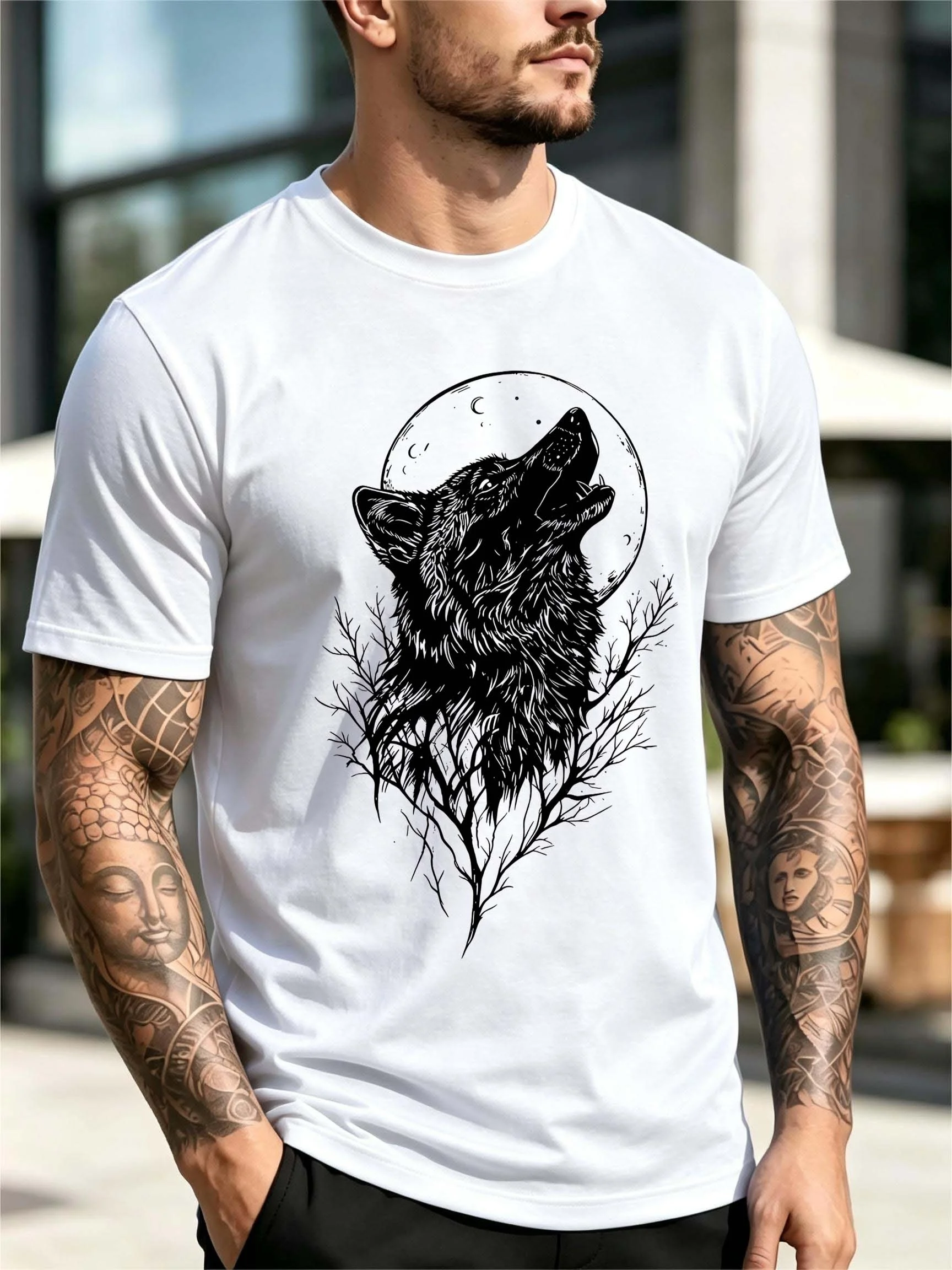 Breathable Men's Short-Sleeved Top with Wild Wolf Howl, Full Moon, Dead Tree, Dark Hand-Painted Print, Street Fashion Versatile Black and White Basic T-Shirt