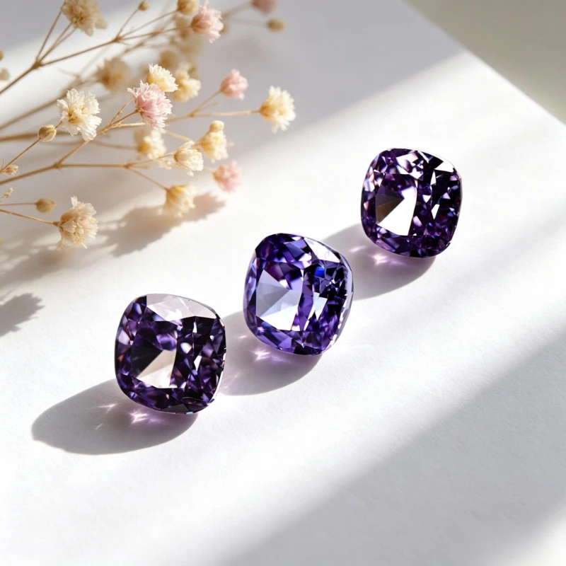 Kubisches Zirkonium, Crushed-Ice-Schliff, quadratische Kissenform, lila Farbe, 5A+ Qualität, CZ, 4K-Schliff, hochkarätiger Diamant – Detail 6