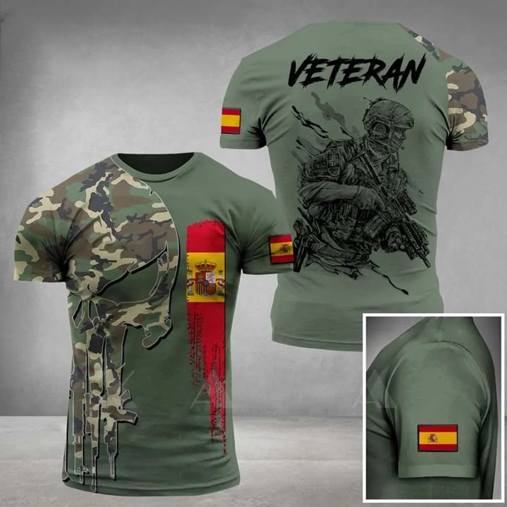 Camiseta con gráfico de bandera española para hombre, pantalón corto informal del ejército, camisetas de manga para hombre, camiseta de caza, ropa de camuflaje para veteranos españoles