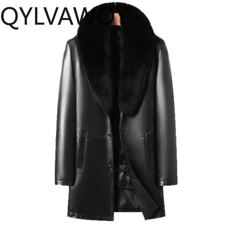 

QYLVAWOY Real Sheepskin Men's Leather Jacket Autumn Winter Jacket Lapel Coat Mid-length Jackets for Man Detachable Down Liner