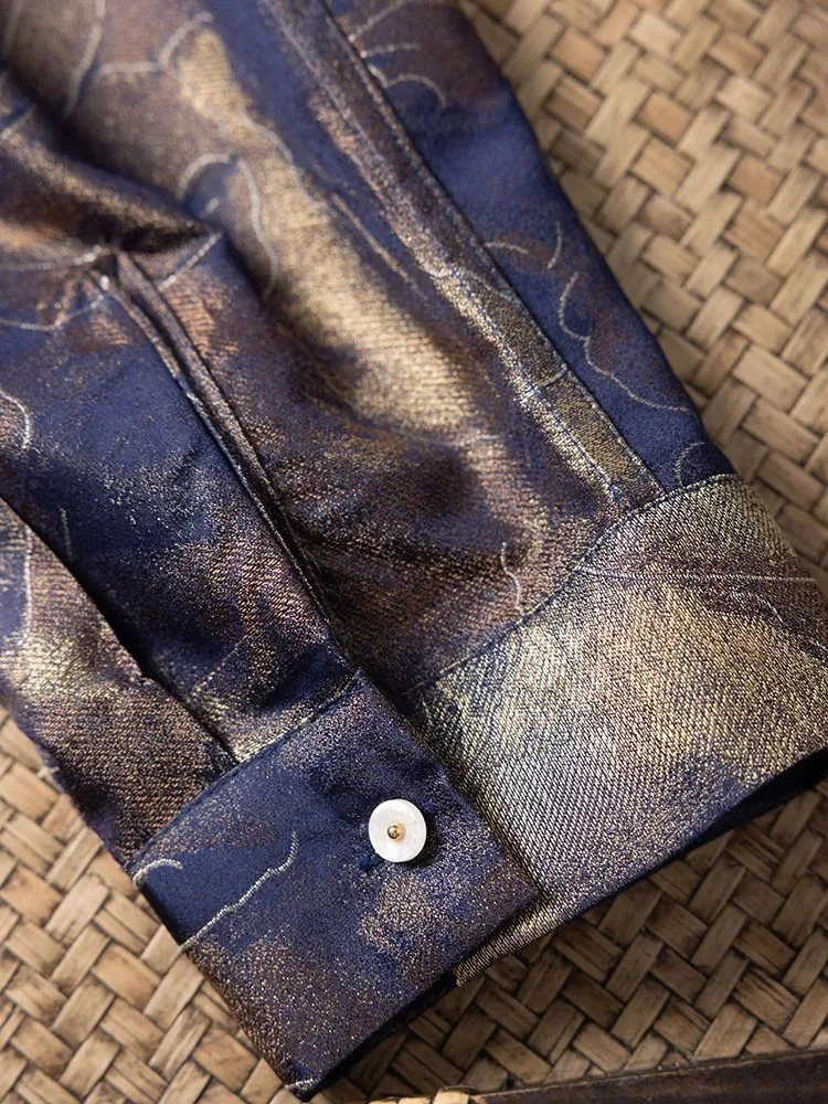 2026 여성 패션 봄 의류 100% 천연 뽕나무 실크 송 브로케이드 네이비 블루 연꽃 레트로 다용도 기품 있는 셔츠