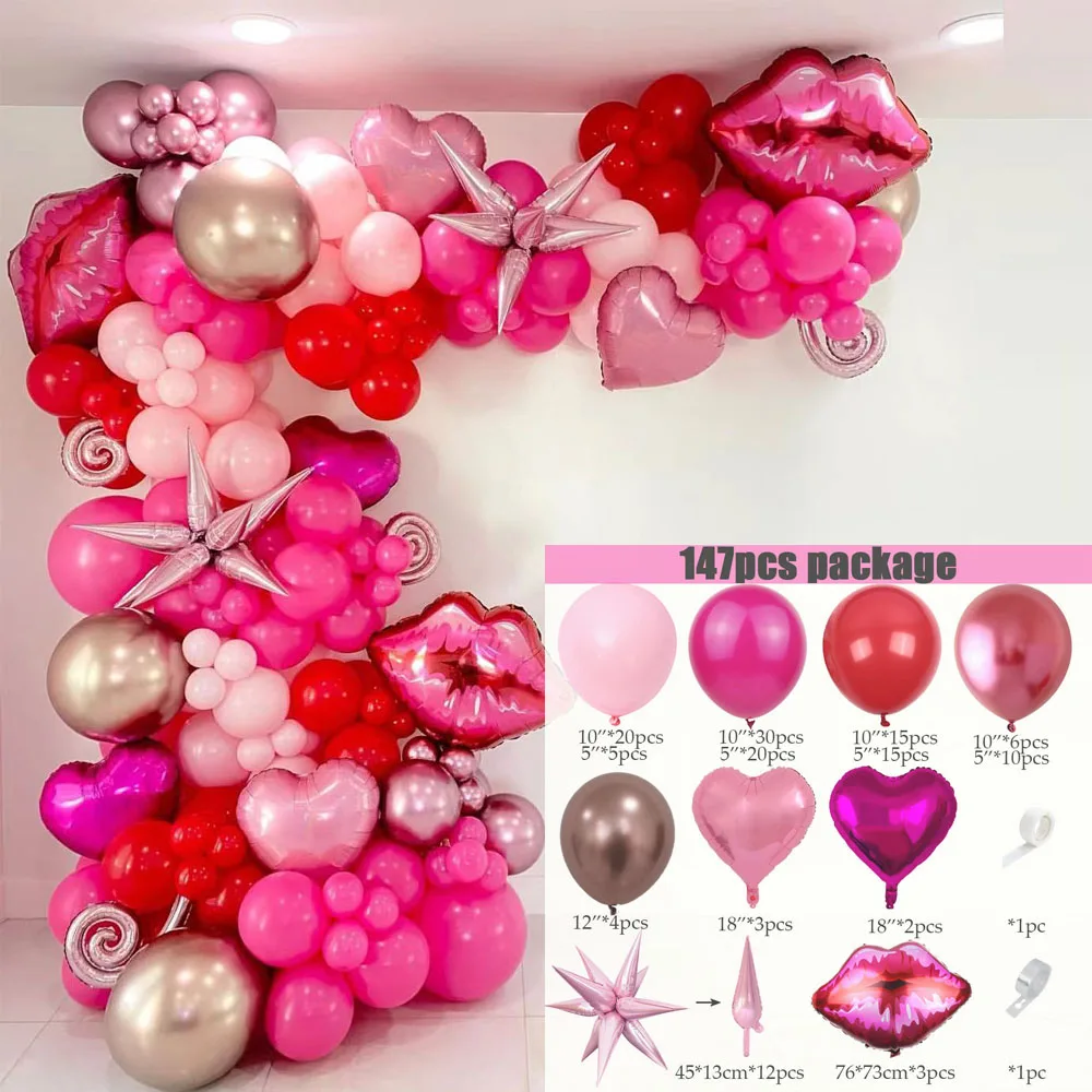 147pcs Hot Pink Rose Gold Balloon Garland Arch Kit with Big Lips Love Heart Balloons for Valentines Day Engagement Wedding Decor