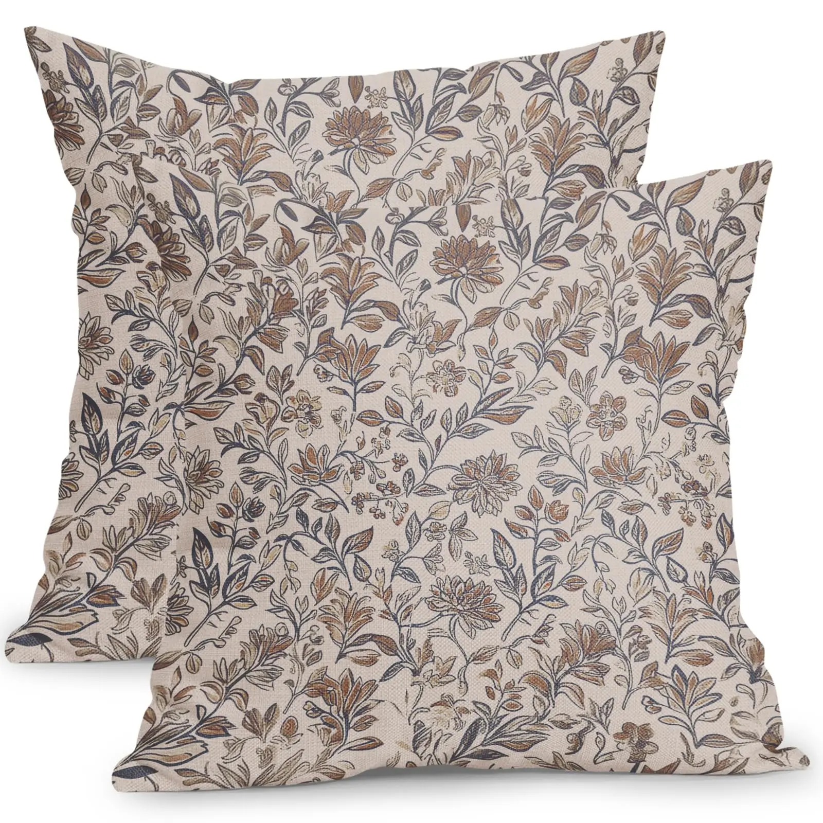 Vintage Floral Pillow Covers Set of 2 Antique Flower Block Print Throw Pillow Covers Neutral Traditional Square Cushion Case