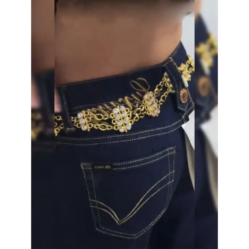 المرأة شيك التخسيس مستقيم الساق عادية عالية الخصر التطريز السراويل تصميم تحسس صغيرة Fraance سلسلة Ele بنطال ذو قصة أرجل واسعة الكورية