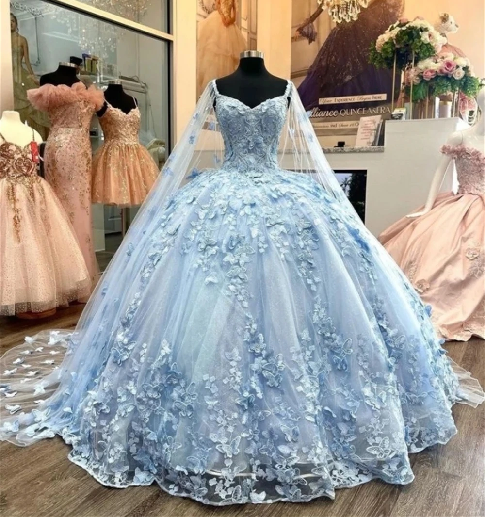 Cielo blu charo Quinceanera abiti Ball Gown Spaghetti Straps Tulle pizzo messicano dolce 16 abiti 15 Anos