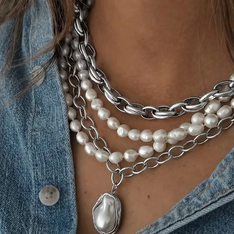 4-teiliges Elegantes Unregelmäßiges Perlenketten-Set für Damen, Übertriebener Vintage-Punk-Stil, Hochzeitsschmuck-Geschenke – Detail 1