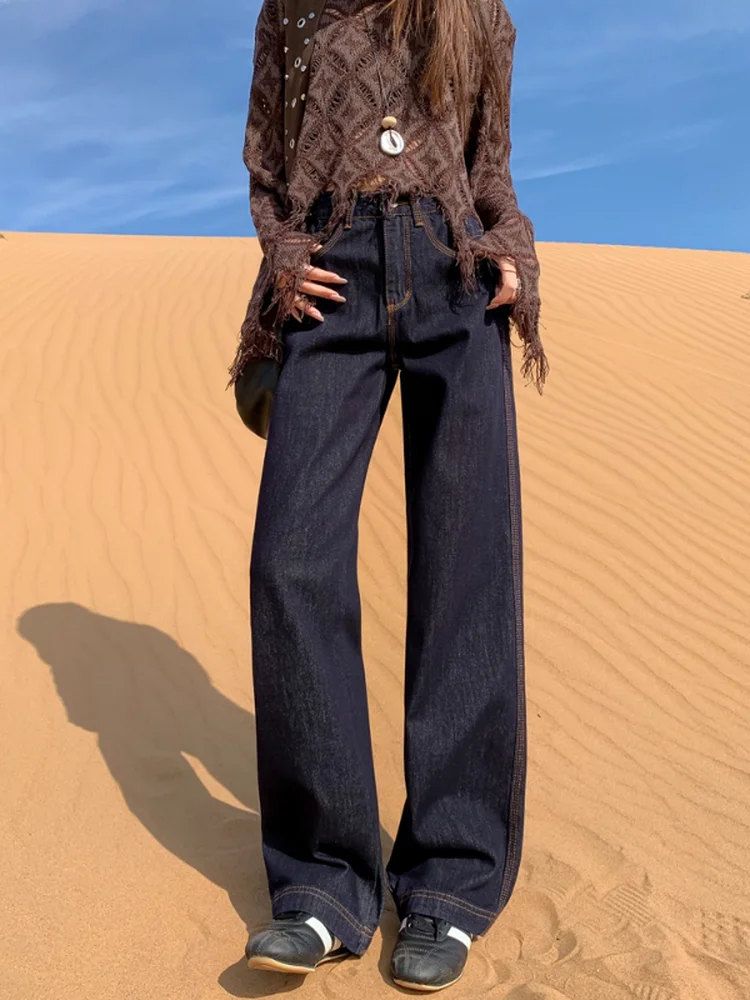 

Deep Blue High Waist Slimming Wide Leg Jeans Women's Spring Autumn New Style Straight Cut Trousers Floor-Length Slim Fit