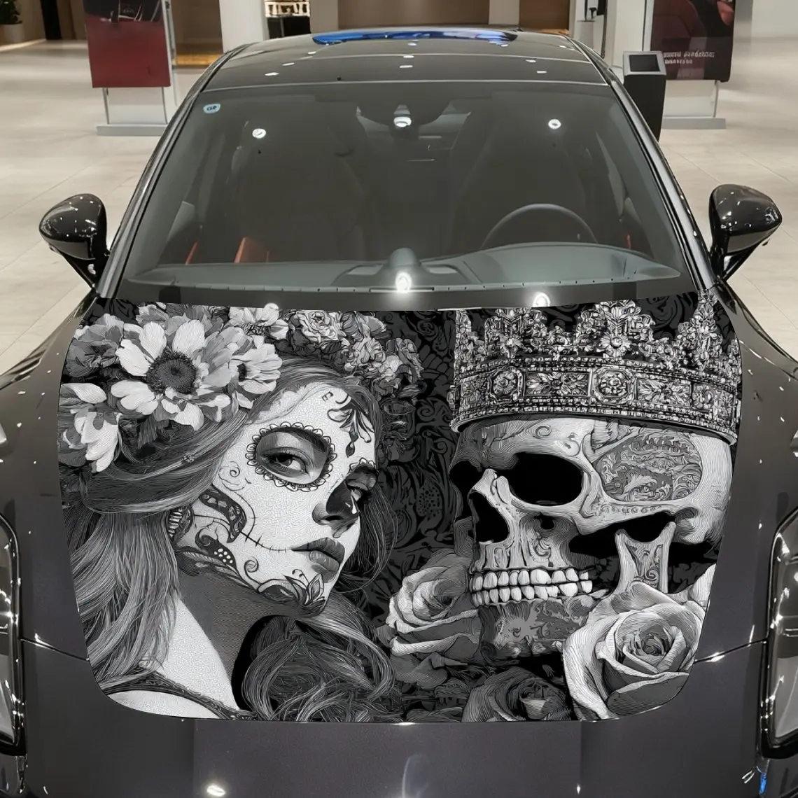 

Black And White Style Skull Pattern Car Vinyl Wrap, PVC Waterproof Car Hood Sticker, Self-Adhesive Scratch-Resistant Stickers Fo