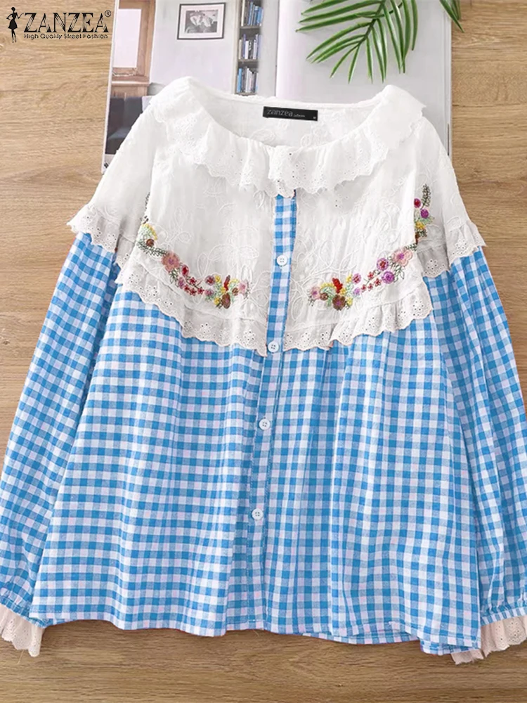 

ZANZEA женские рубашки 2025 модная клетчатая блузка с длинным рукавом кружевные топы туника повседневные свободные пуговицы стильные элегантные Blusas Femininas