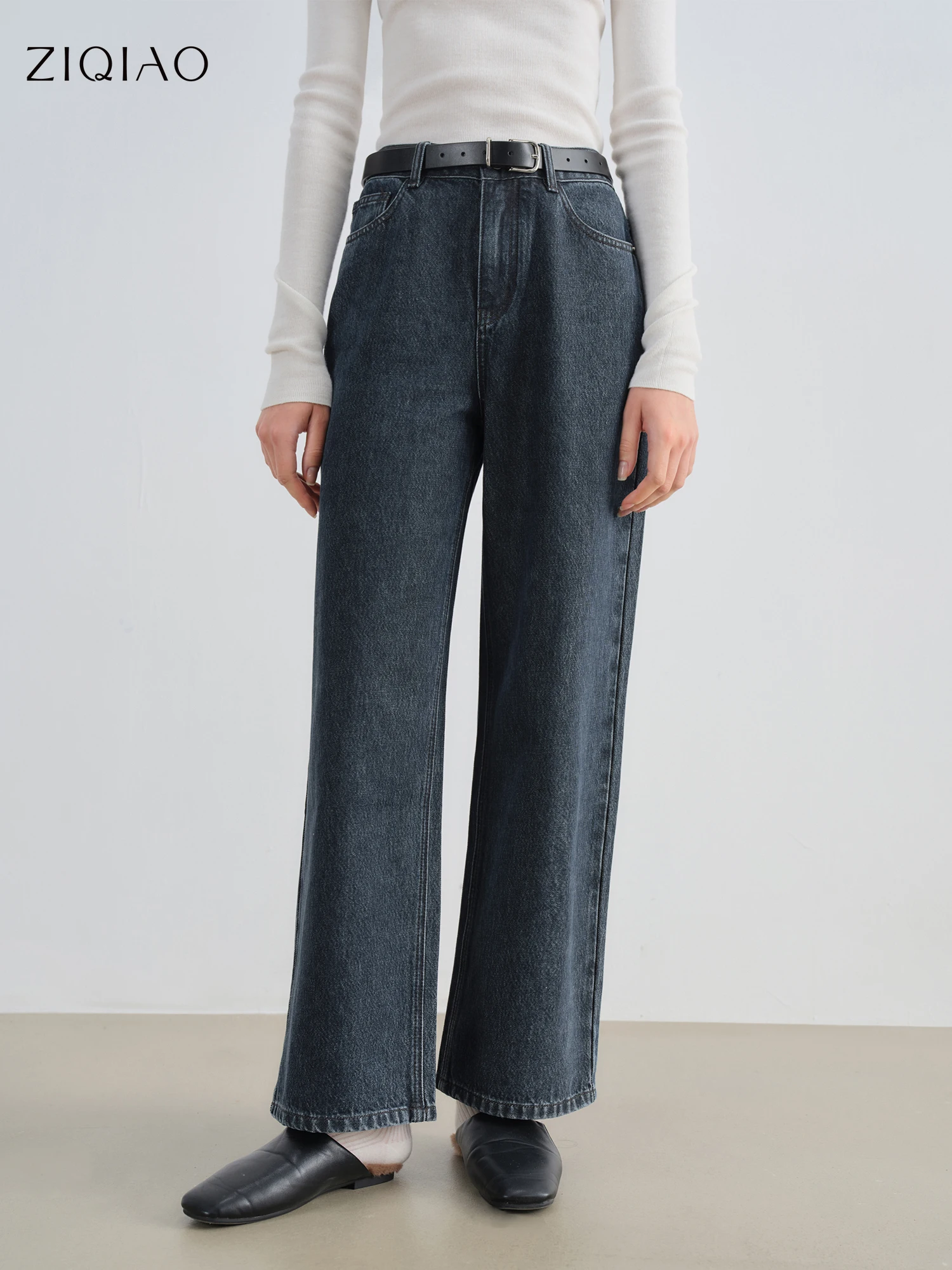 

Женские винтажные прямые джинсы ZIQIAO, осень 202, повседневные эластичные брюки длиной до щиколотки в стиле ретро