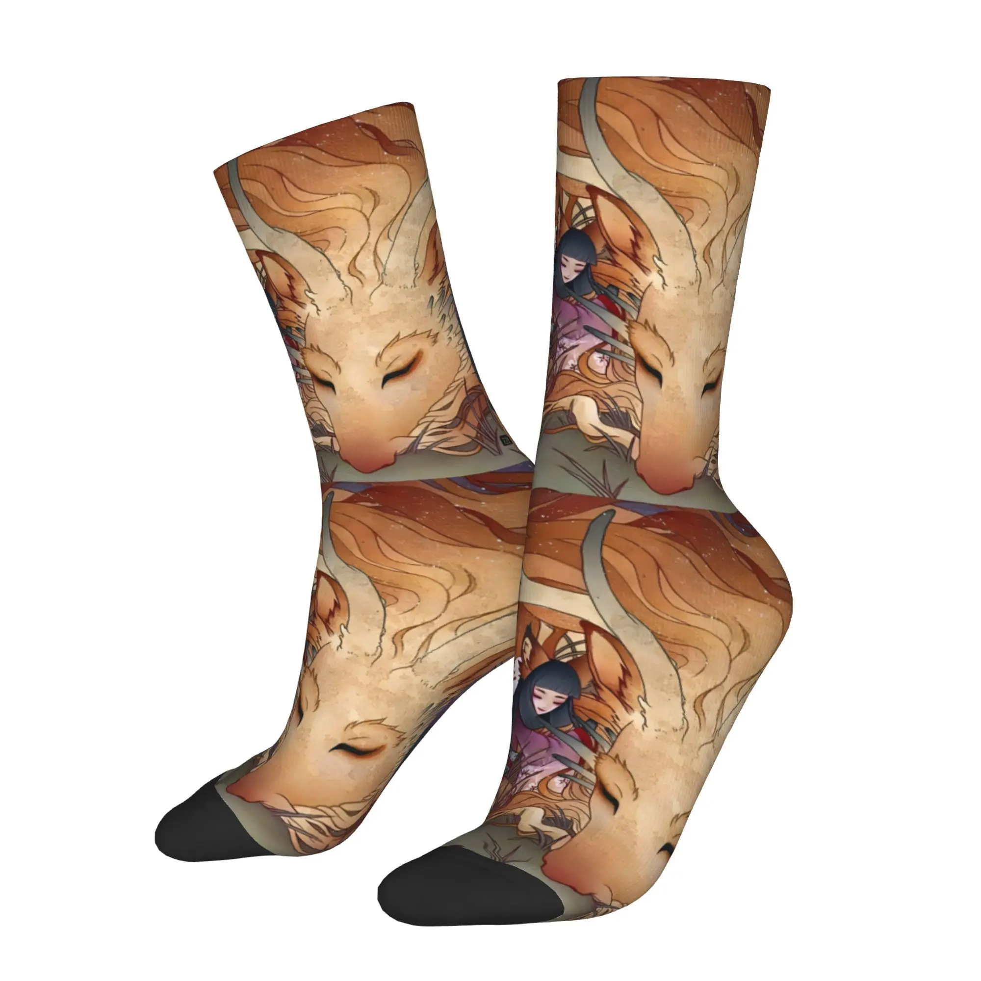 

Мужские носки Happy Slumbering Kitsune And Dragon в стиле ретро, уличный стиль, повседневные носки для экипажа, подарочный узор с принтом