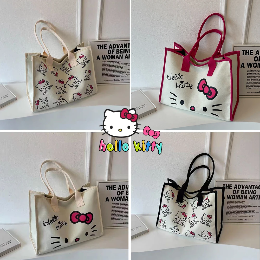 Hello Kitty Sanrio Y2k Tote Canvas Bag, Cute CanvasShoulder Bag, Cartoon Anime Handbag ForSchool Work Travel Shopping Schoolbag