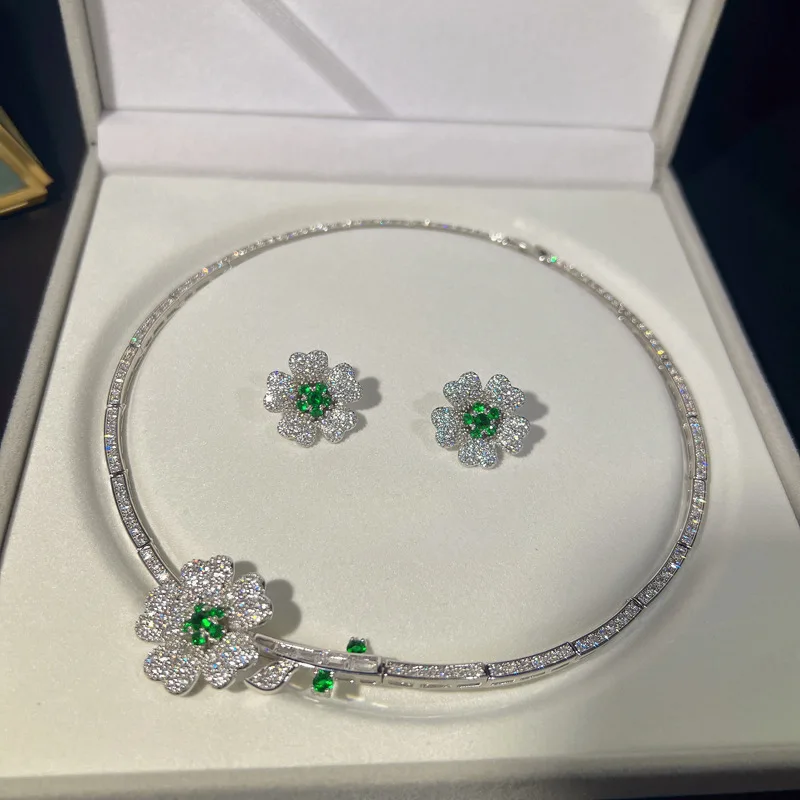 Conjunto de joyas de diamantes de esmeralda de laboratorio Vintage para mujer, collar de boda de Plata de Ley 925, pendientes para mujer, regalo de joyería de compromiso nupcial