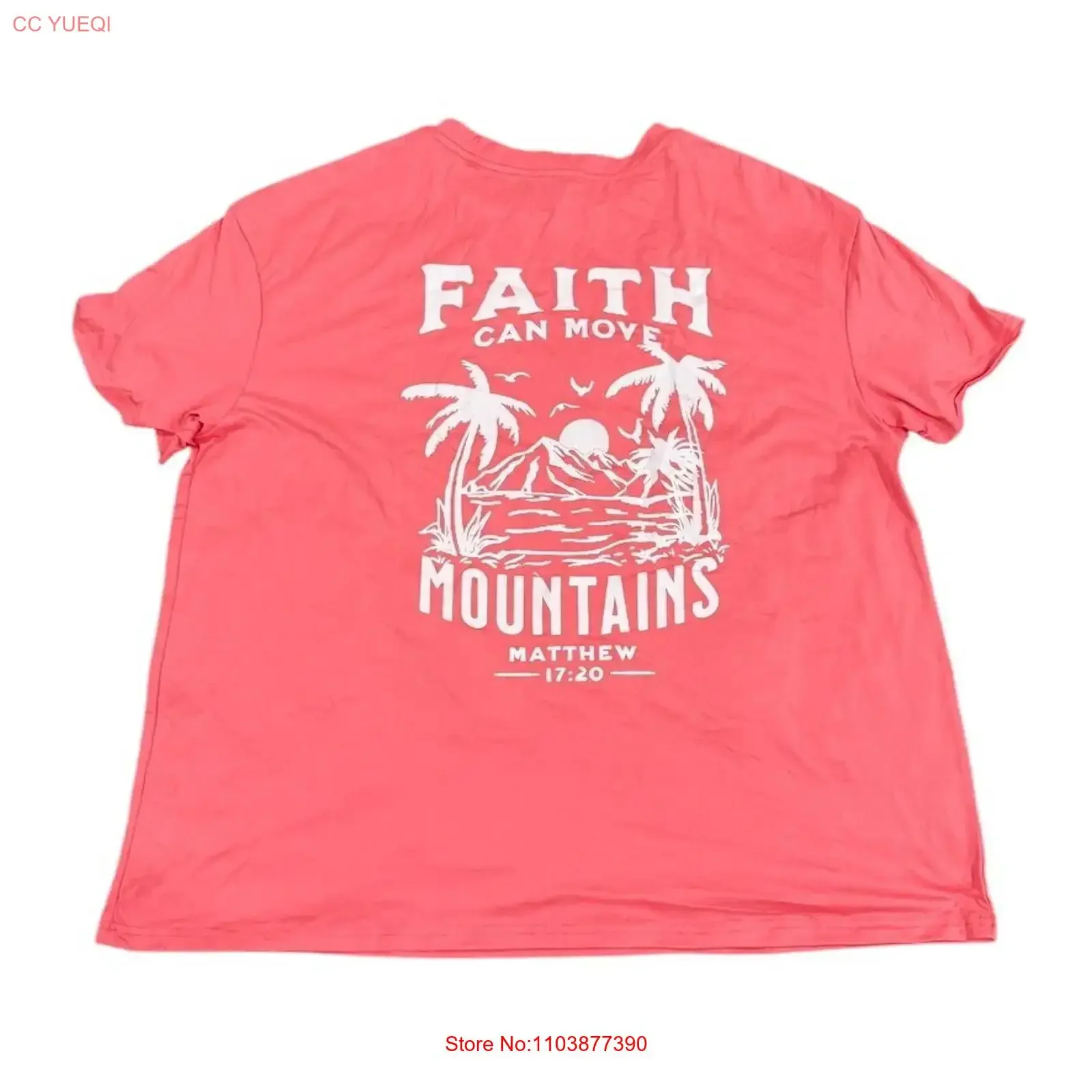 Camiseta Oversize de Mujer con Estampado 'Faith Can Move Mountains' en Color Coral, Talla 2XL, Estilo Vintage Lavado, Suave, para Uso Diario, Elegante