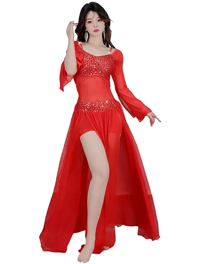 Conjunto de trajes de dança do ventre, 2 peças, roupa de palco para mulheres adultas, performance de palco, roupas de dança oriental