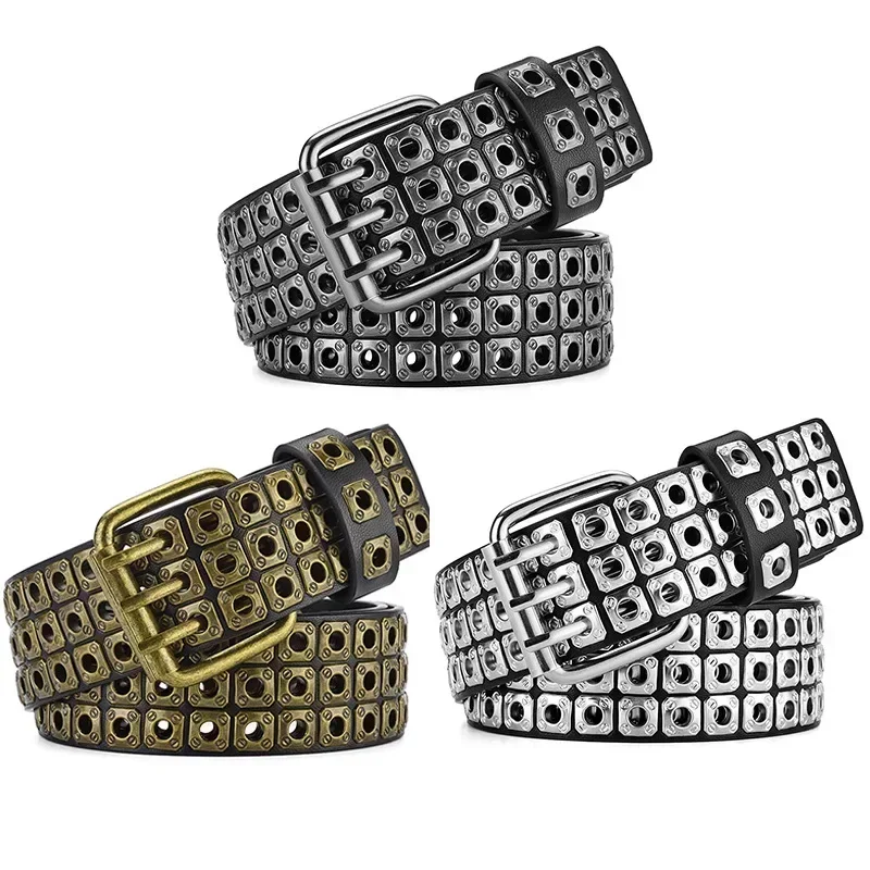 New Women Belt  Fashion Square Beads, Willow Nails, Three Exhaust Eyes, Punk Street Cool, Personalized Men's and Women's Belts