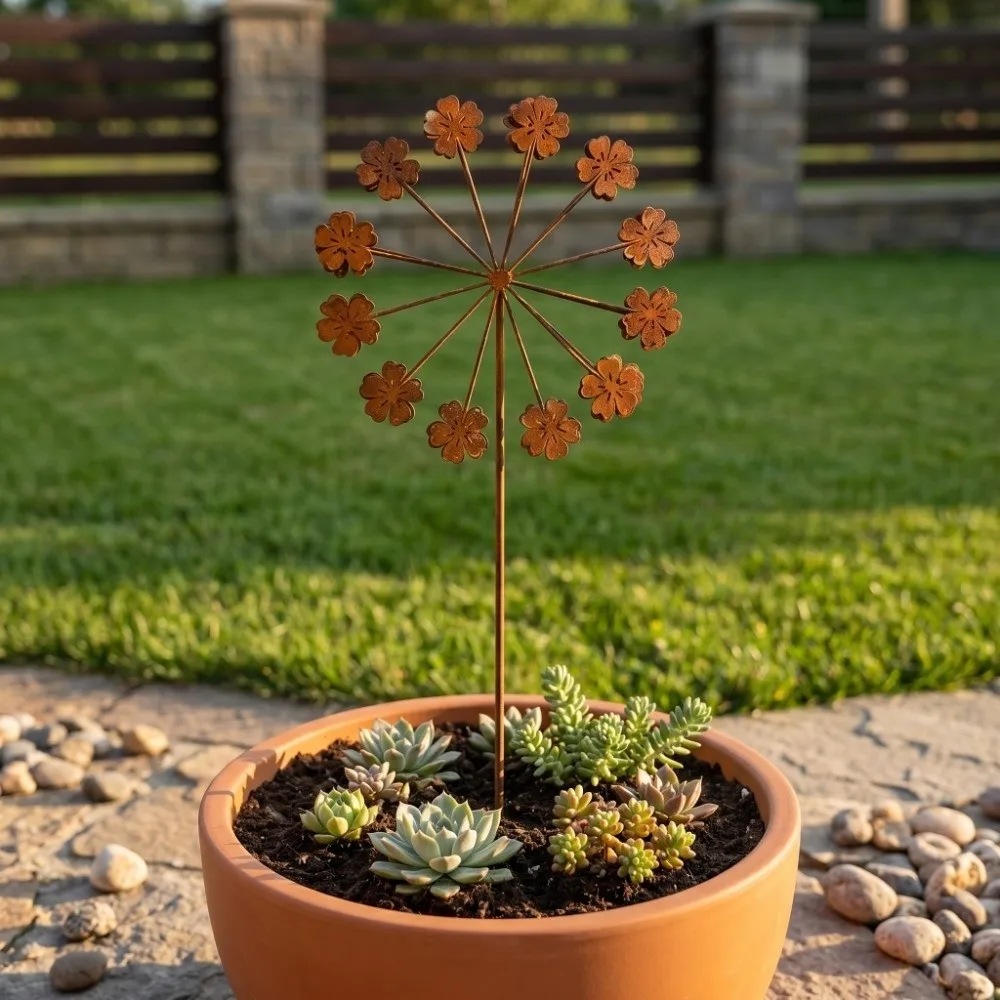 Decorative Ornament 3D Flower Garden Sculptures Rustic Vintage 3D Sphere Flower Stakes Metal Art Sphere Shape Outdoor Decor Yard
