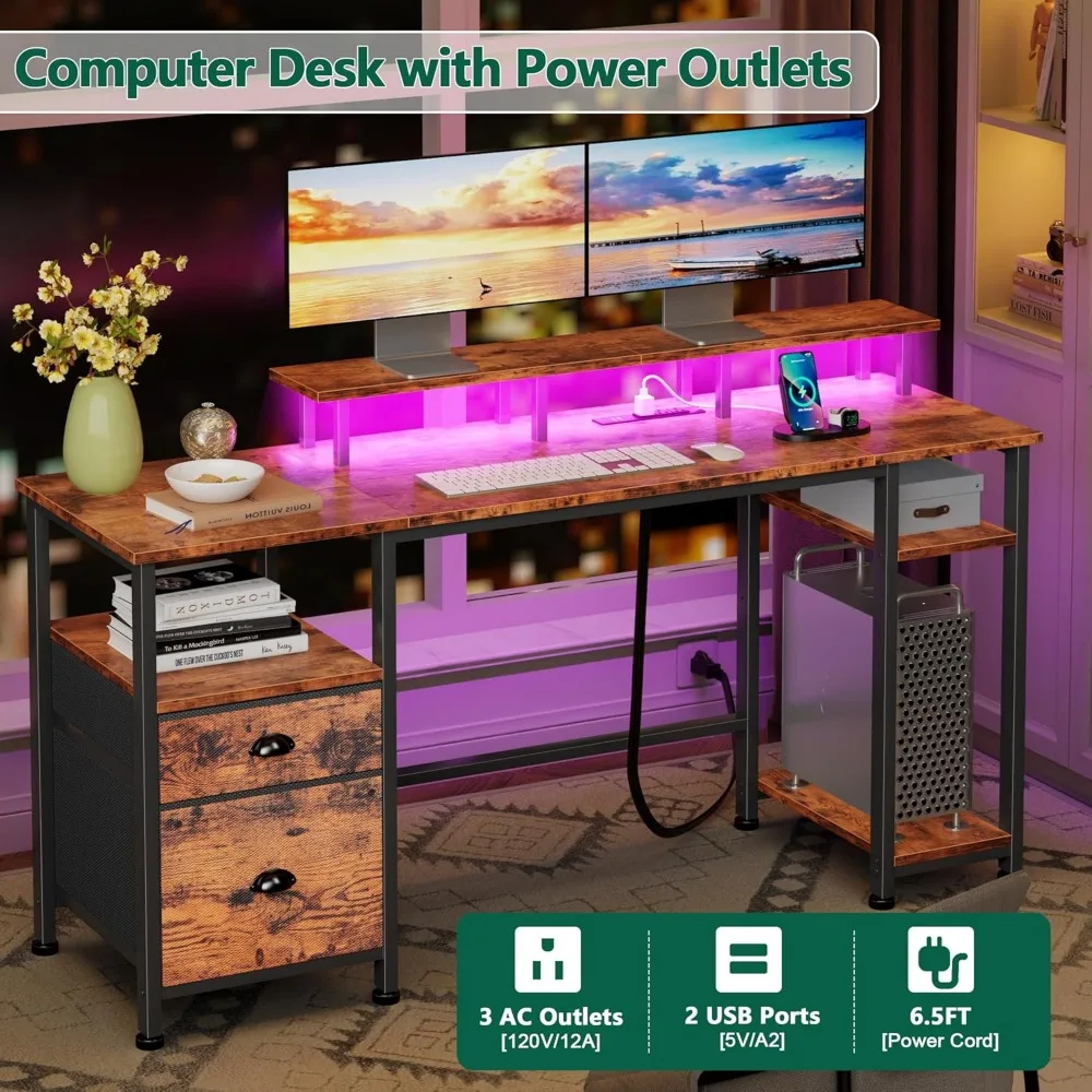 Furologee 61 Computer Desk with Power Outlet and LED Lights, Desk with Fabric File Cabinet Drawer, Large Reversible Table with S