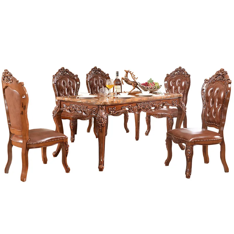 

European marble dining table and chair combination, luxury oak carved , high-end dining table
