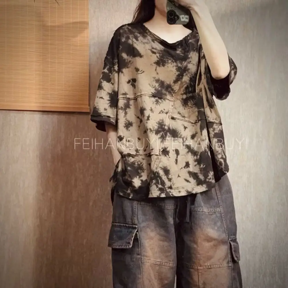 2026 Summer New Arts Style Women O-neck Loose Tees Shirt 100% Cotton Vintage Tie Dye Design Short Sleeve Casual T-shirt F69