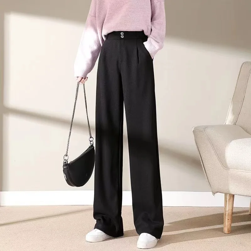 FL Autumn Winter Women Concise Woolen Pants Lady Wide Leg Designer Outside Trousers Female Thicken High Waisted Draping Pants